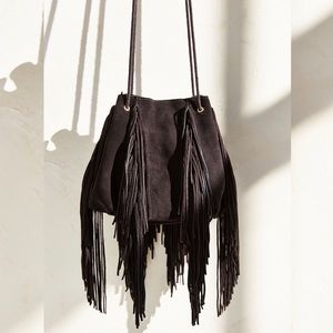 UO Black Suede Fringe Bucket Bag